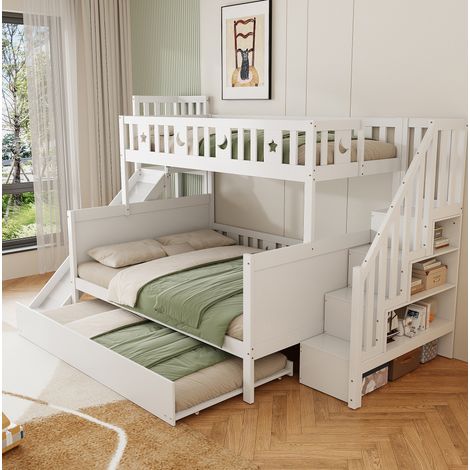 Letto a castello per bambini con scivolo e letto estraibile, bianco, legno massello, 90x200/140x200 cm, con rete a doghe e vani (1/5)