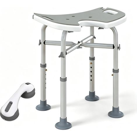 Taburete de ducha ajustable 39-51,5 cm de aluminio gris con ventosas y barra de apoyo - CHICFURN (1/5)
