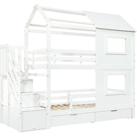 Lit superposé enfant 90 x 200 cm blanc avec escalier de rangement et tiroir (1/5)