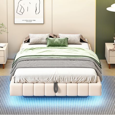 Letto imbottito flottante 140x200 cm, beige, con LED e vano contenitore sollevabile, struttura in metallo (1/5)