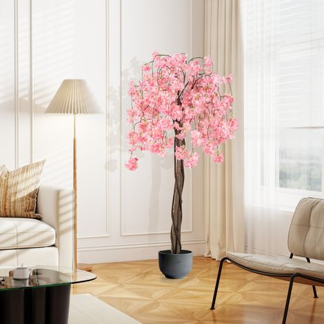 Lot de 2 Cerisiers Artificiels en Fleurs de 160 cm de Haut Fausse Plante à Fleurs en Pot avec Fleurs Roses et Blanches Rose (1/3)