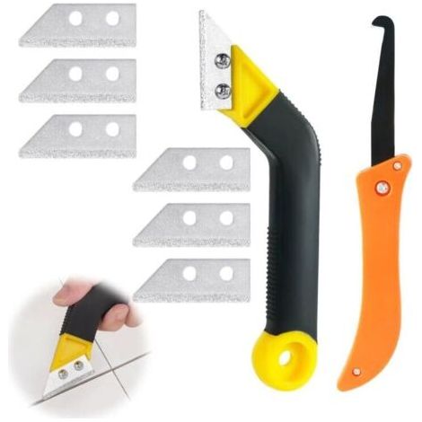 Grattoir à Joints, Lot de 9 Grattoirs Joints Carrelage avec 7 Lames de Rechange et 1 Scie Coudée, Grattoir Rasoir Nettoyage pour Carrelage, Grattoir a Dejointer Carrelage