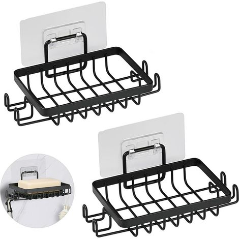 Portasapone da doccia in acciaio inox, senza foratura, autoadesivo, da parete, con ganci e salvasapone, per bagno e cucina (nero)