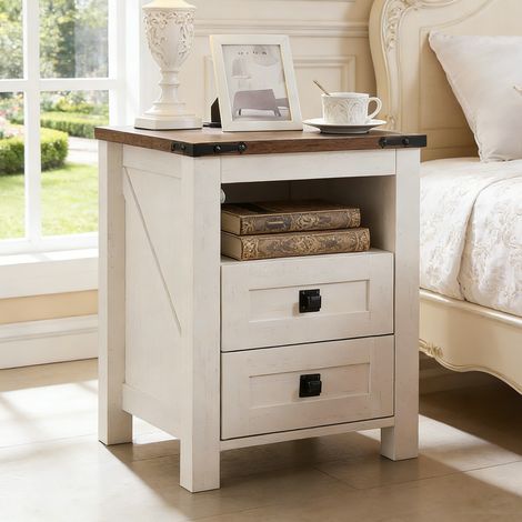 Table de chevet bois Style Farmhouse avec Station de Charge, Meuble d'Appoint à 2 Tiroirs de Rangement pour Chambre & Salon - Panneau de Particules Antique White (1/5)