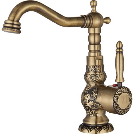 Suguword – Mitigeur de lavabo monocommande en laiton – Finition antique gravée – Valve céramique pour étanchéité – Chaud et froid