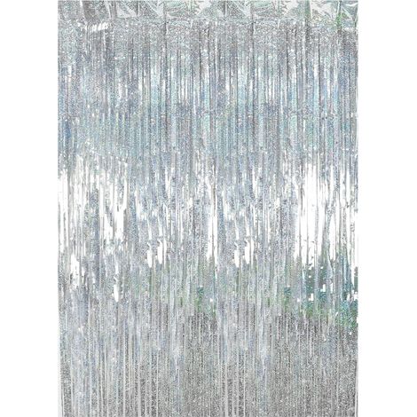 Rideau Métallique de Frange, Rideau à Franges Aluminium Brillant pour décorer Toile de Fond Anniversaire/Porte/Fenêtre/Fête/Mariage/Mur, Argent