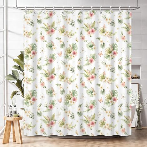 Cortina de ducha con estampado floral tropical, 180 x 180 cm, estampado en acuarela de hojas de plantas e hibisco, tejido impermeable, con ganchos. (1/4)
