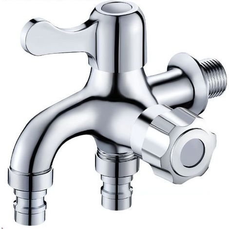 Robinet de lavabo double sortie en cuivre, raccord de tuyau d'eau double, tuyau de dérivation pour machine à laver, adaptateur de robinet double sortie pour lavabo (argenté) (1/3)