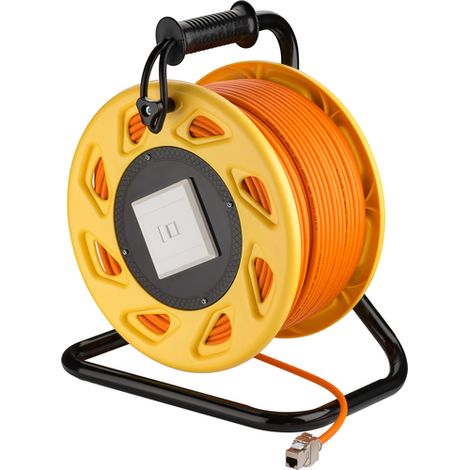 goobay 58934 Carrete de Cable de Red móvil Cat 7A S/FTP Incl. Conector RJ45 Keystone, apantallado en 2 Pliegues, sin halógenos, 1000MHz, 50m, Naranja