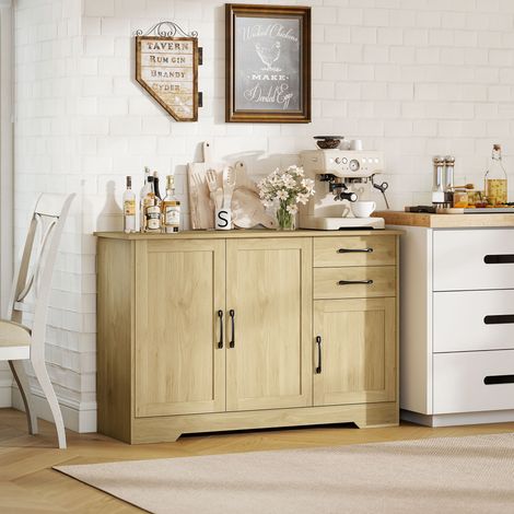 Credenza, mobile contenitore con 3 ante, 2 cassetti e ripiano regolabile, 120 x 38 x 79 cm, legno naturale