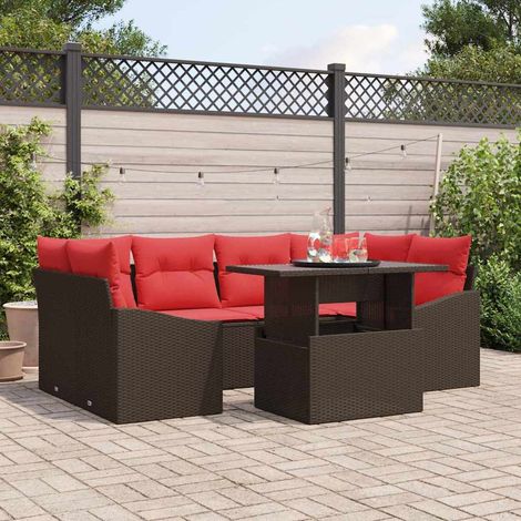 Set Divano da Giardino 7 pz Marrone e Rosso Poly Rattan vidaXL (1/5)