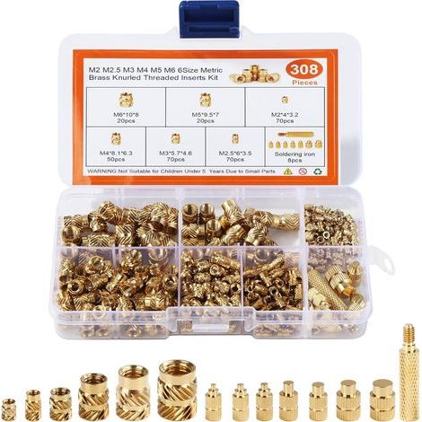 308pcs Brass Thread Inserts M2 M2.5 M3 M4 M5 M6 Knurled Inserts for 3D Printing Internal Thread Nuts with Storage Box for Plastic Parts (1/5)