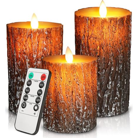 Bougies LED sans fil, Lot de 3 bougies décoratives effet bois bouleau – Avec télécommande, Fonctionnement sur piles – Idéales pour décoration maison, décoration Noël, ambiance chaleureuse (1/5)