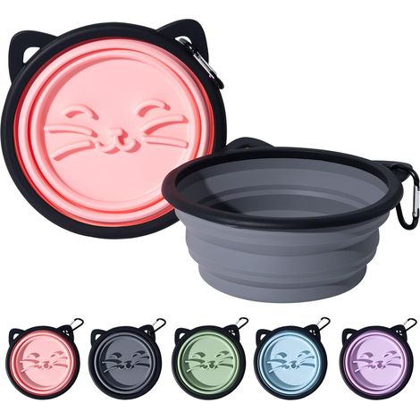 Pack of 2 Silicone Dog Bowls, Foldable, Cute Cat Shape with Cat Beard Pattern, Travel Bowl for Dogs on the Go, Ideal for Hiking, Camping and Walking (Pink and Grey) (1/5)