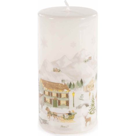 Candele di Natale con decorazione a villaggio / paesaggio natalizio innevato in finitura lucida, set da 2 pezzi, Ø 7,5 cm x 14,5 H