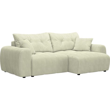 Mobilier Deco – Canapé d'angle convertible réversible avec coffre – Velours côtelé beige – Coussins moelleux – Dossier capitonné – Assise profonde
