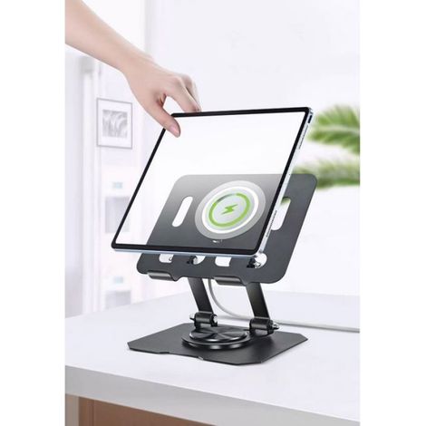 Support pour tablette, support de bureau réglable, rotation à 360°, support d'écran pliable et portable, chargement magnétique sans (1/4)
