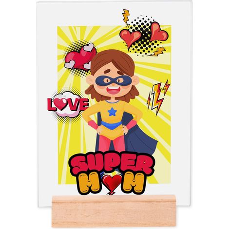 Lupia - Portafoto Targa 15x20 cm SUPER MAMMA con protezione in Vetro e supporto da tavolo in legno, senza Cornice, Idea Regalo con Scatola e poster grafica per la festa della mamma (1/4)