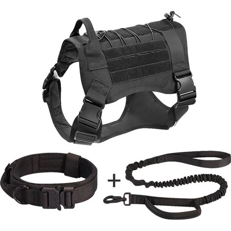 Taktisches Hundegeschirr, militärische Hundeweste, Halsbandleine mit Tasche und Aufnäher, taktische Hundeweste ohne Zug für große Hunde, für Training und Wandern(L, Schwarz) (1/5)