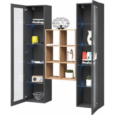 Parete Attrezzata Soggiorno 2 Vetrine Antracite Libreria Rovere 140 cm (1/5)