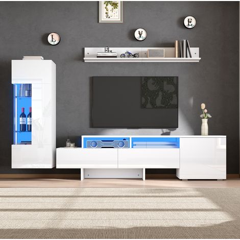 Mobile TV da parete 3 pezzi con LED, lucido, bianco, per TV fino a 70" DESVIAE (1/5)