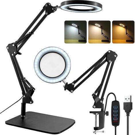 Lampe Loupe 8X Lampe de Bureau avec Grande Base et Pince Loupe LED 3 Modes de Couleur et 10 Luminosités Dimmables Lampe Loupe Noire Ajustable pour Lecture Réparation Couture (1/5)