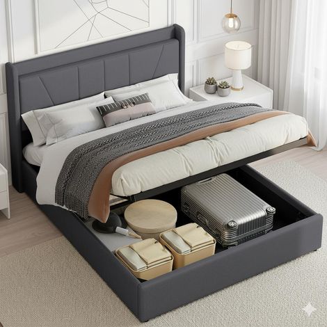 Letto 140x200 cm - Letto contenitore 140x200 cm e rete - con testiera imbottita, 2 porte USB e 1 porta Type-C - Tessuto in lino grigio (1/5)