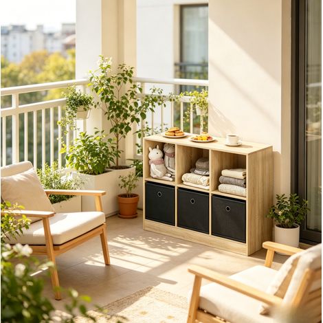 Scaffale contenitore a cubi 80 x 30 x 61 cm con 3 cassetti in tessuto rovere chiaro e nero DESVIAE (1/5)