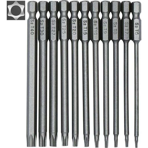 Jeu de 11 embouts longs Torx pour tournevis et visseuse électrique - Embouts magnétiques - Tige hexagonale de 1/4" - Tailles T6 à T40 - Longueur 100 mm