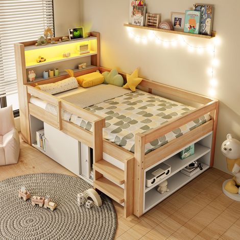Lit enfant surélevé en bois 90x200cm avec rangements,portes coulissantes, escalier,barrières,LED et ports USB,pin et MDF-naturel