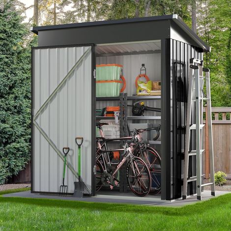 Aoxun Caseta de Jardín Metálica de 150 x 91 x 185 cm, Cobertizo para Herramientas, Techo a un Agua con Orificios de Ventilación, Puerta con Cerradura para Jardín Exterior, Color Negro (1/5)