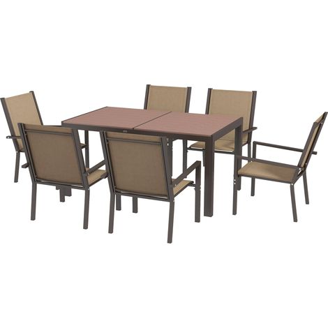 Set Tavolo e 6 Sedie Impilabili da Giardino in Plastica Kaki e Marrone (1/5)