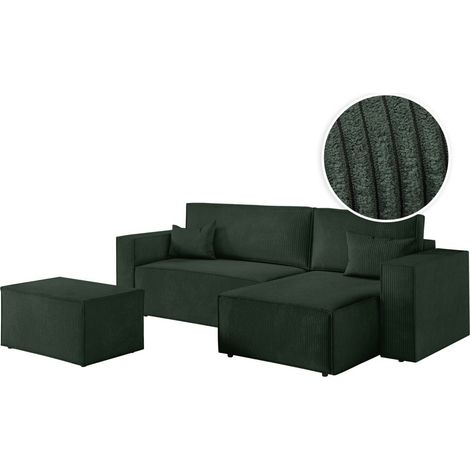 PACK - CLARISSE - Canapé d'angle convertible réversible avec pouf en velours côtelé - Vert foncé (1/5)