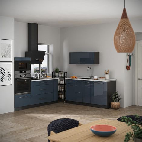 Cocina Fame-Line, Azul oscuro alto brillo/Antracita, 340 cm, ET Mármol, Vicco (1/5)