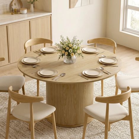 Table de salle à manger ronde 4-6 convives, Ø120 x 75 cm, table de cuisine en bois naturel à piètement cylindrique cannelé