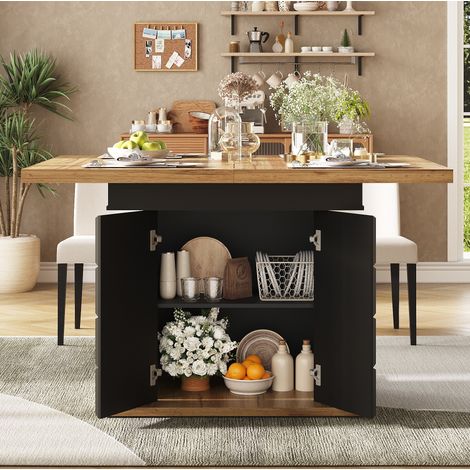 Tavolo da pranzo allungabile in MDF nero e naturale 110-140x80 cm con vano contenitore (1/5)