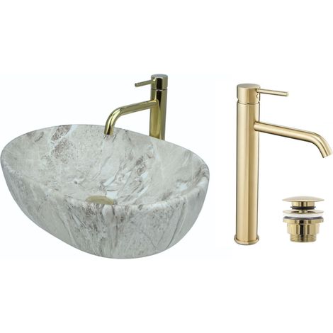 GTM Design Aufsatzwaschbecken 48 cm Matt Set mit Waschtischbatterie und Stopfen - Aufsatzwaschbecken Oval für Badezimmer - Modernes Waschbecken ohne Hahnloch - Waschbecken mit Armature (1/5)