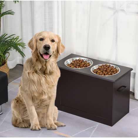 Comedero elevado para perro con 2 cuencos, almacenaje integrado, MDF marrón 60 x 30 x 41 cm HAVRYA (1/4)