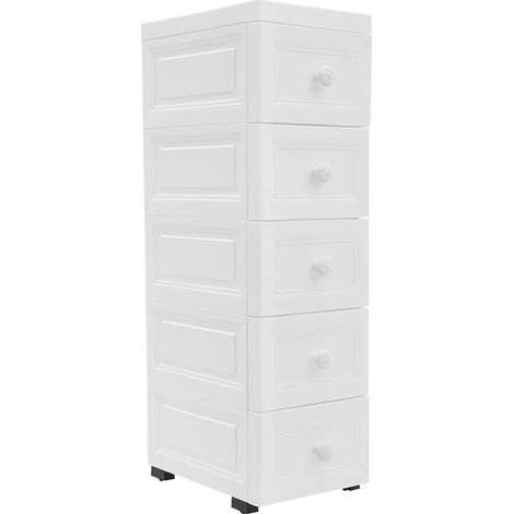 Commode étroite à 5 tiroirs avec roulettes - Meuble de salle de bain avec tiroirs - Style simple - Blanc