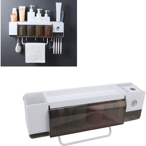 Étagère de salle de bain multifonctionnelle, fixée au mur, avec porte-serviettes, crochet, porte-brosses à dents, 4 gobelets et distributeur de dentifrice. (1/5)