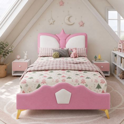 Letto singolo per bambini 90x200 cm in PU rosa, facile da montare, senza materasso FloraGrace (1/5)