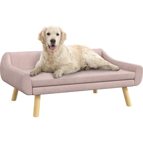 Canapé pour chien 102 x 58,5 x 42,5 cm, sofa pour animaux style scandinave avec coussin amovible, revêtement aspect velours, couchage confortable, rose et naturel (1/5)