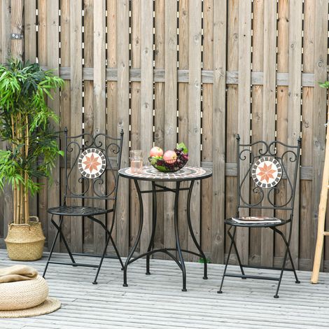 Ensemble Bistro 2 Places 3 pièces Style Fer forgé mosaïque céramique Motif Rose des Vents chaises Pliables métal époxy Noir