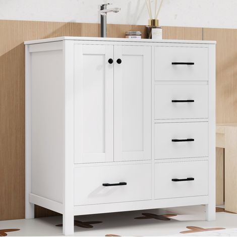 Mueble de baño de 76x46x82 cm con patas, 4 cajones, espacio de almacenamiento y lavabo de cerámica, MDF blanco. (1/5)