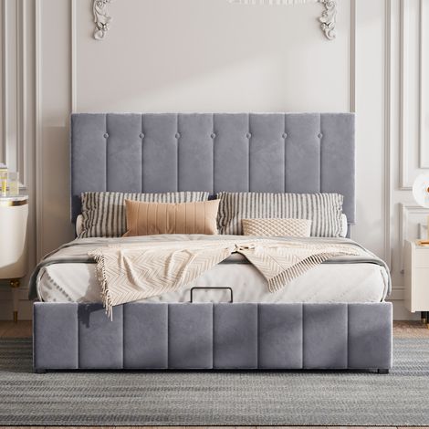 Cama Doble 140x200 cm Almacenamiento Cabecero Regulable Terciopelo Hipoalergénico Gris (Sin Colchón) (1/5)