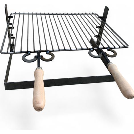 Griglia in ferro regolabile su più altezze, bistecchiera con manici in legno, per barbecue e camino per carne pesce verdure 40cx36cm