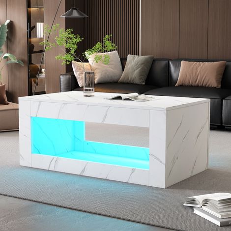 Table basse en panneaux de particules blanc brillant 100 cm avec LED USB et rangement ouvert (1/5)