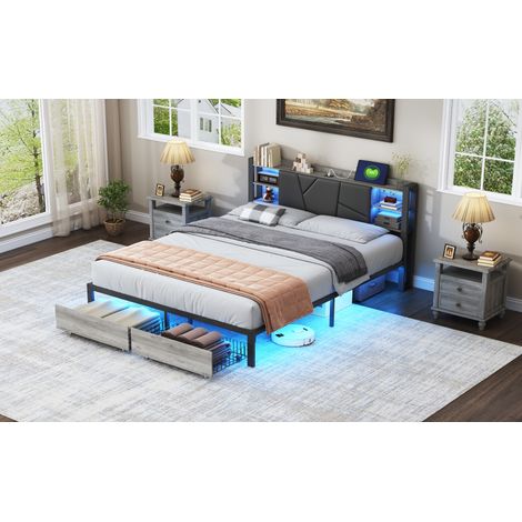 Lit bois et fer 140200, tête de lit, cadre de lit avec lumières, pied de lit, double tiroirs, chargeur norme européenne. (1/5)