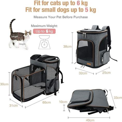 Sac à dos, extensible, chat et petit chien, avec laisse de sécurité intérieure et tapis pour animaux de compagnie, gris (1/4)