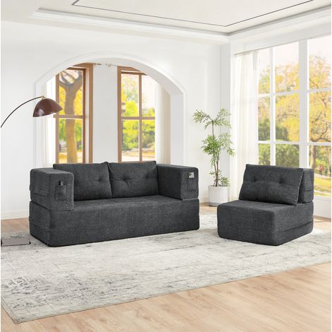 Canapé modulaire convertible 2 places gris foncé en tissu avec fauteuil intégré et poches latérales (1/5)
